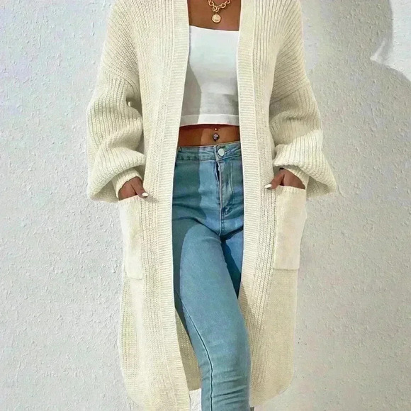 Beige Casual Women's Dual Pocket Drop Shoulder Open Front Cardigan - Picture 8 of 8